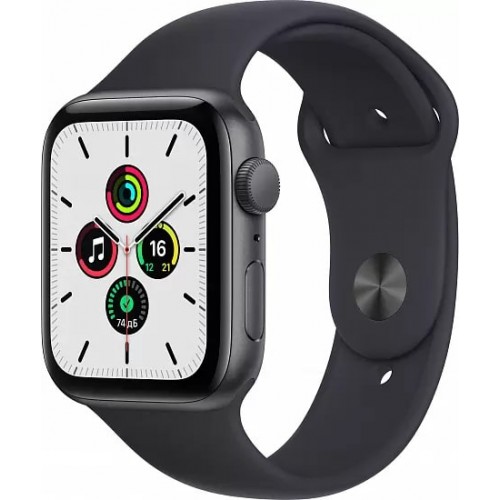 Apple Watch SE, 44 мм, корпус из алюминия цвета серый космос, спортивный ремешок цвета темная ночь