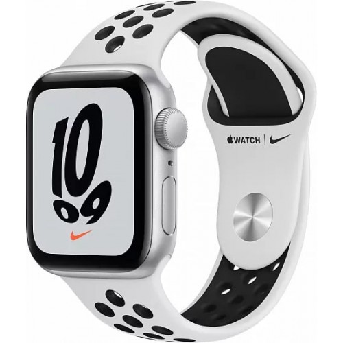 Apple Watch Nike SE, 40 мм, корпус из алюминия серебристого цвета, спортивный ремешок Nike цвета чистая платина/черный