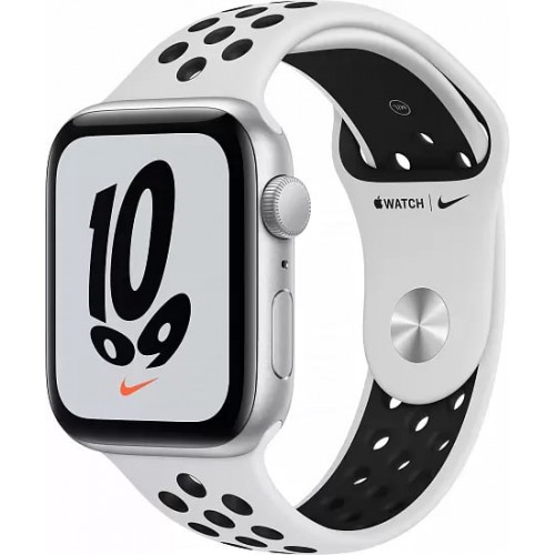 Apple Watch Nike SE, 44 мм, корпус из алюминия серебристого цвета, спортивный ремешок Nike цвета чистая платина/черный