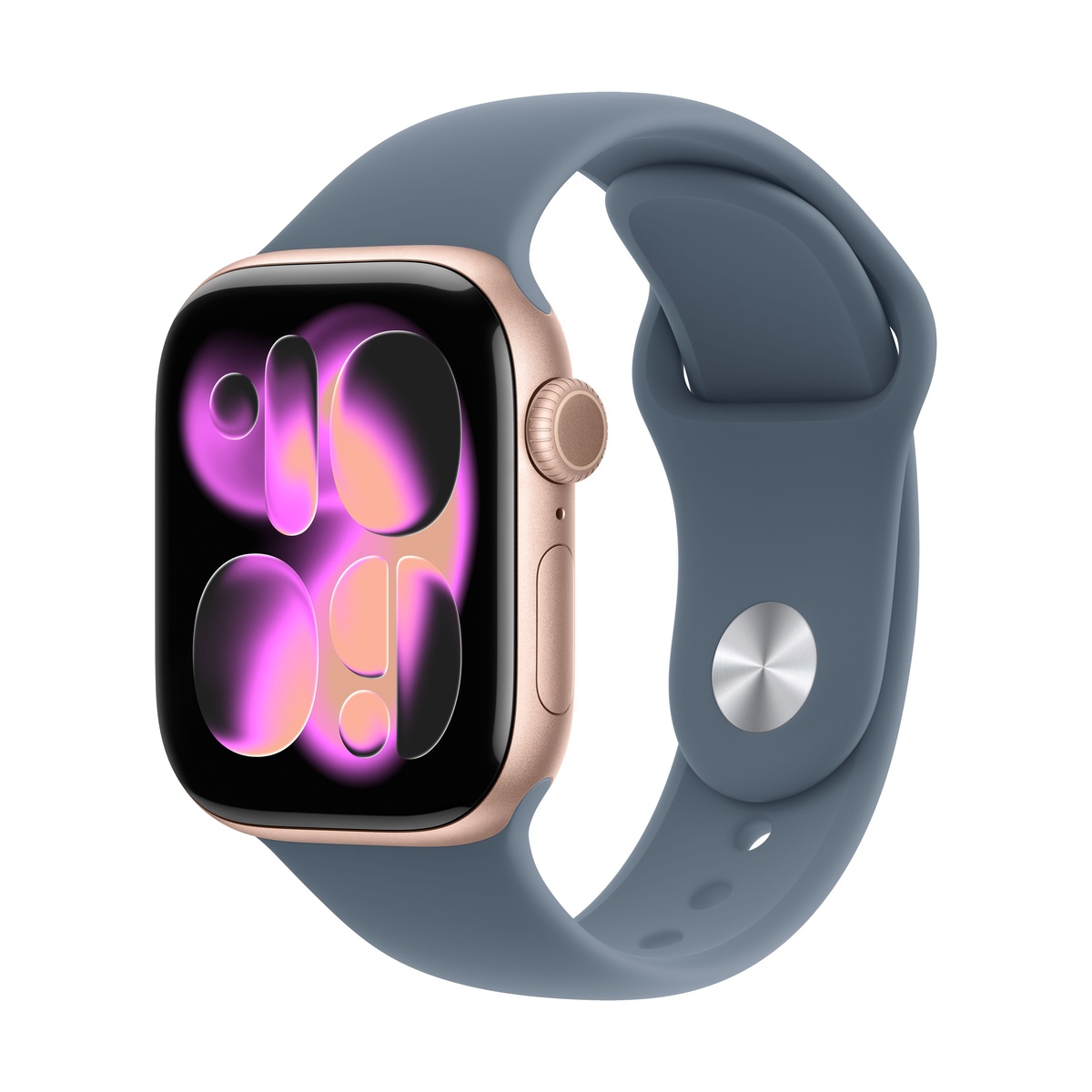 Apple Watch Series 11, 46 мм корпус из алюминия цвета «Rose Gold», ремешок Sport Band цвета «Anchor Blue»